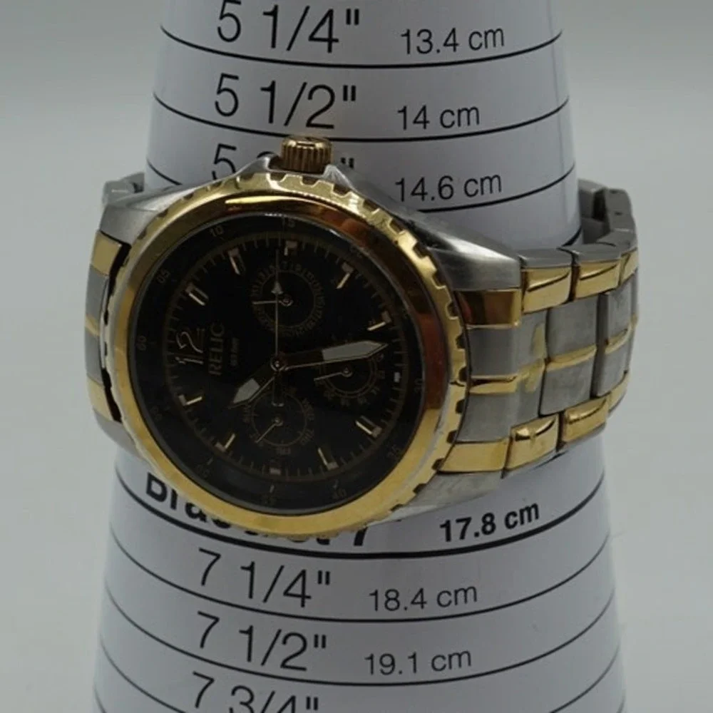 Relic Mens Two Tone Silver Gold Watch Black Dial Multi Function‎ Day Date 43mm